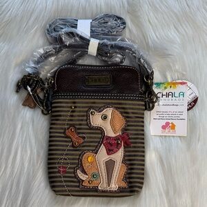 Chala Brown Striped Vegan Leather Yellow Lab Cellphone Crossbody
